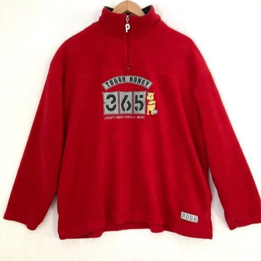 Disney Winnie The Pooh Fleece Sweater Womens XL Red 1/4 Zip Pullover Embroidered